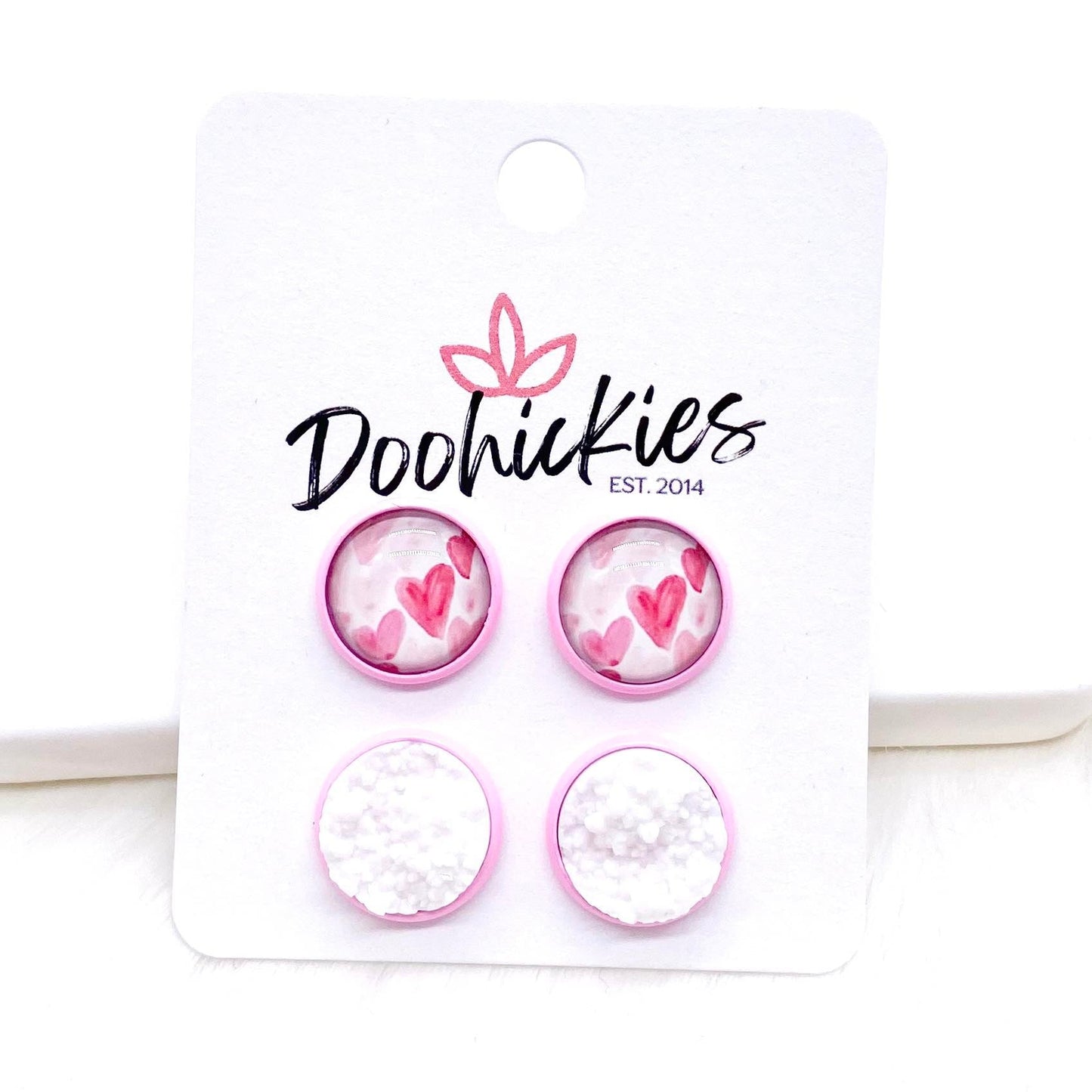 12mm Hand Drawn Hearts & Snow White in Bright Pink Settings -Earrings