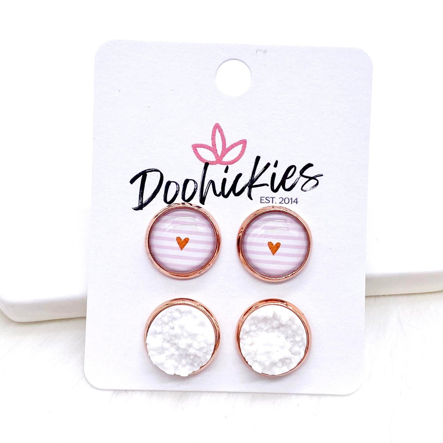 12mm Rose Gold Valentine Hearts on Pink Stripes & White in Rose Gold Settings -Earrings