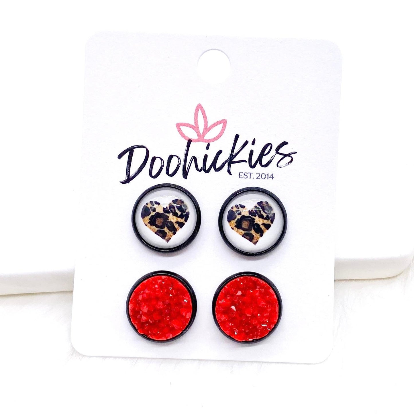 12mm Leopard Heart & Red Crystals in Black Settings -Earrings