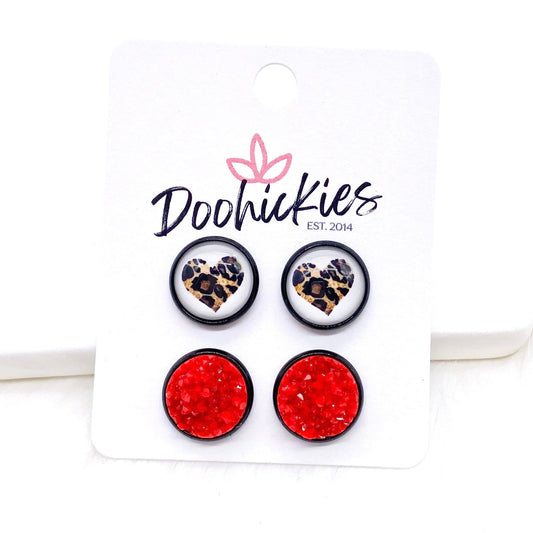 12mm Leopard Heart & Red Crystals in Black Settings -Earrings