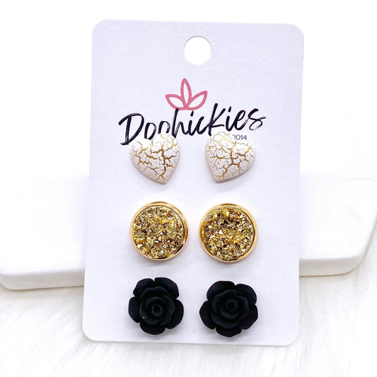 12mm Ivory Gold Crackle Hearts/Gold/Black Roses in Gold Settings -Earrings