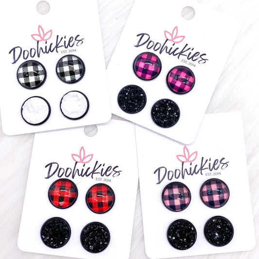 12mm Buffalo Plaid Duos in Black Settings -Earrings