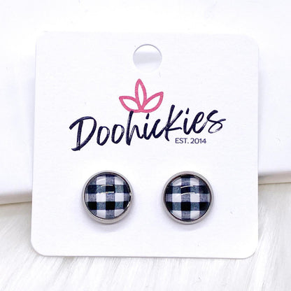 White Buffalo Plaid in Stainless Steel Settings -Earrings