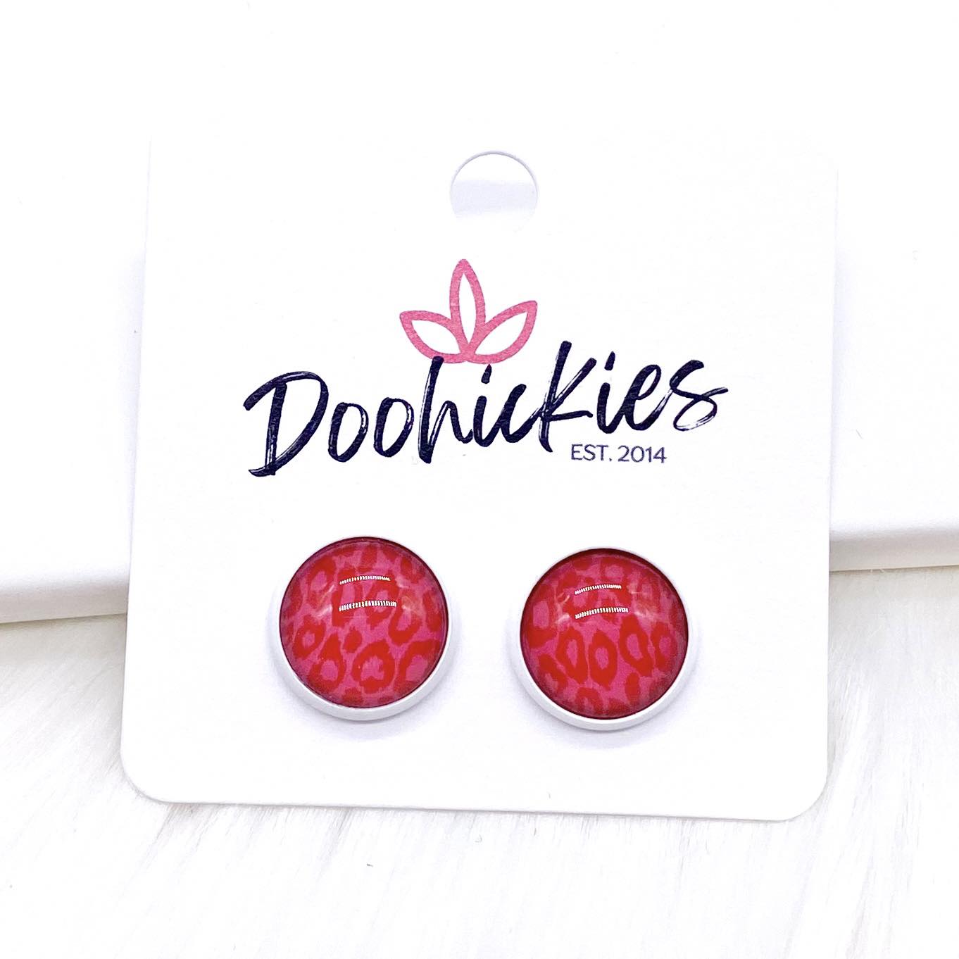 12mm Red Leopard in White Settings -Earrings