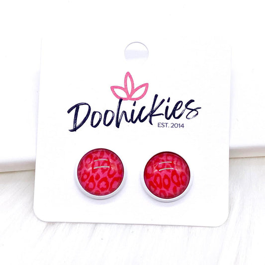 12mm Red Leopard in White Settings -Earrings