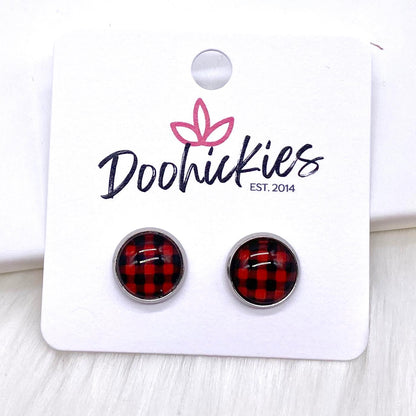 Red Buffalo Small Plaid in Stainless Steel Settings -Earrings