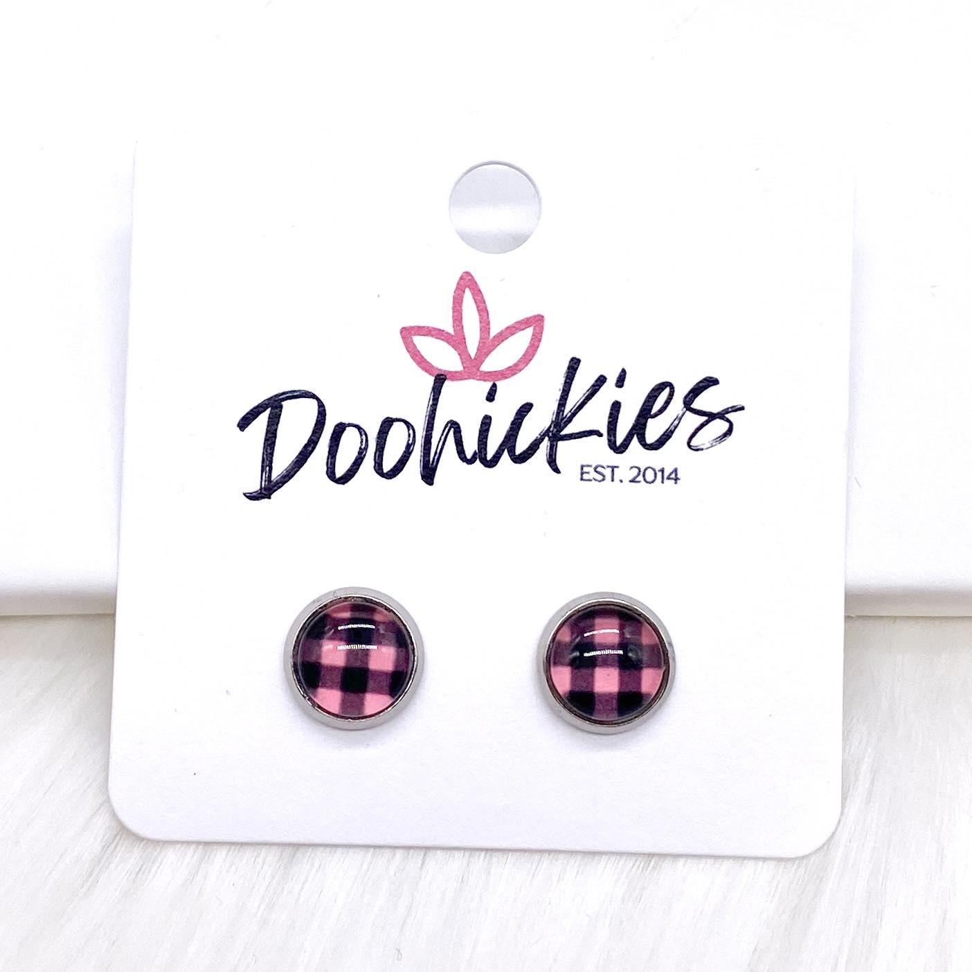 8mm Buffalo Plaid in Stainless Steel Settings -Earrings