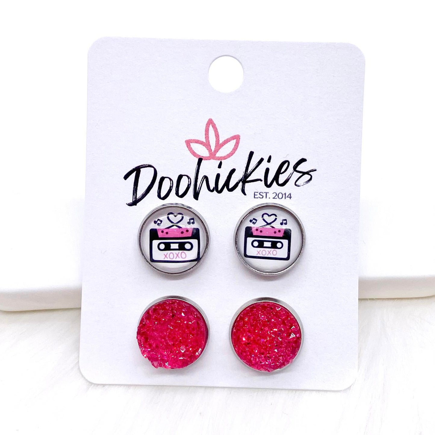 12mm Love Songs & Hot Pink Sparkles in Stainless Steel Settings -Earrings