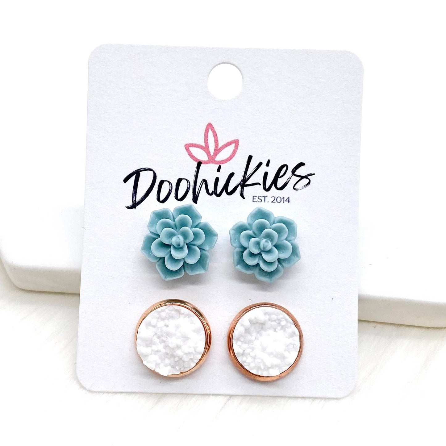 12mm Sage Succulents & White in Rose Gold Settings -Earrings