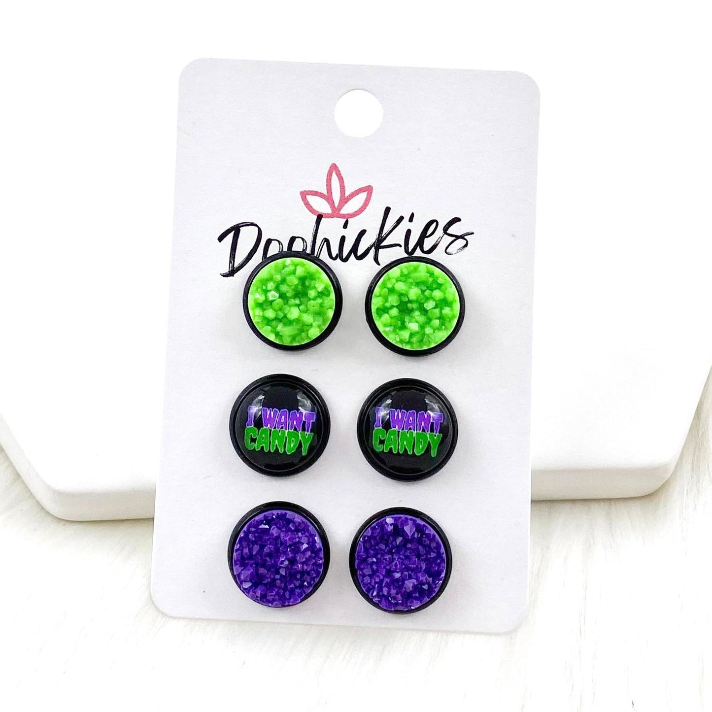 12mm Neon Green/I Want Candy/Grape in Black Settings - Halloween Earrings