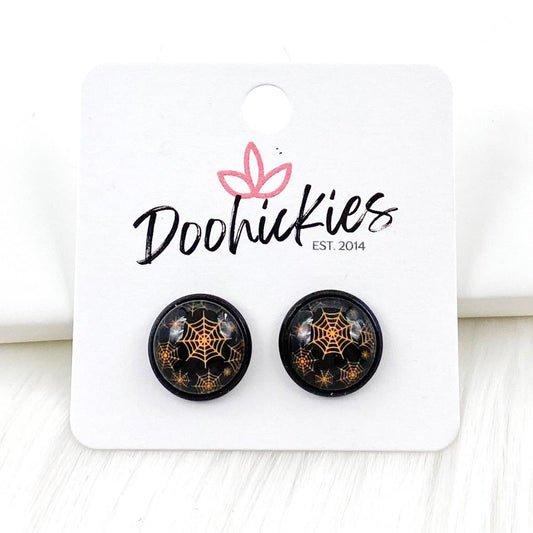 12mm Orange Webs in Black Settings - Halloween Earrings