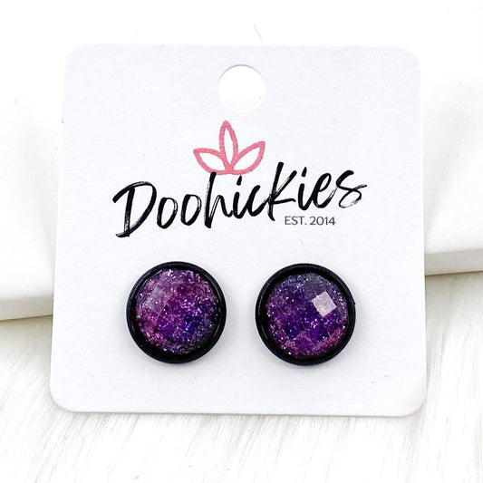 12mm Iridescent Purple Glitter in Black Settings - Halloween Earrings