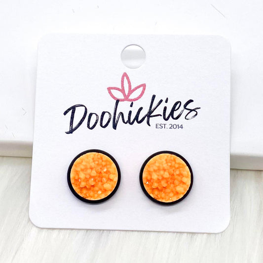 12mm Bright Orange Crystals in Black Settings - Halloween Earrings