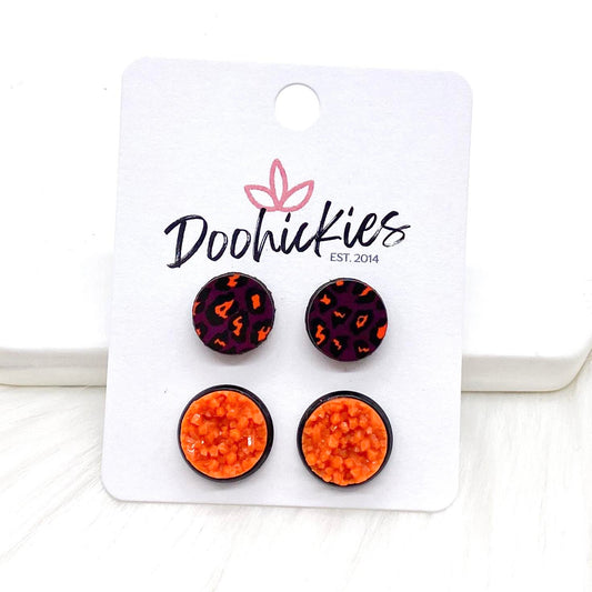 10mm Halloween Leopard & 12mm Orange Crystals in Black Settings - Halloween Earrings