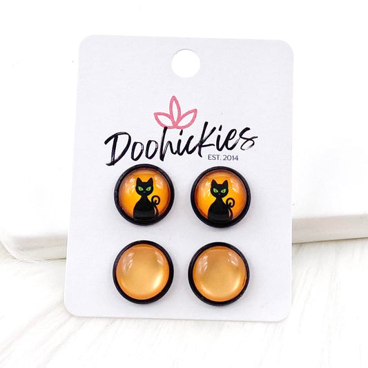 12mm Moonlight Cats & Orange Cat Eye in Black Settings - Halloween Earrings
