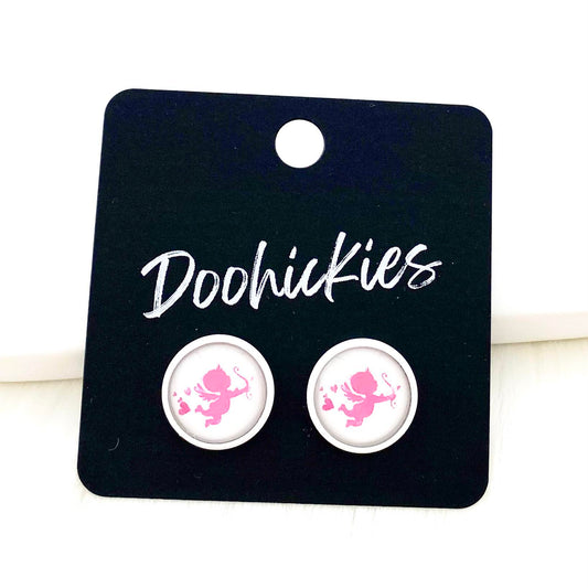 12mm Pink Cupid in White Settings -Earrings