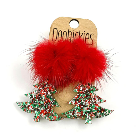 Boujee Red Puffs and Christmas Glitter Swoopy Acrylic Earrings