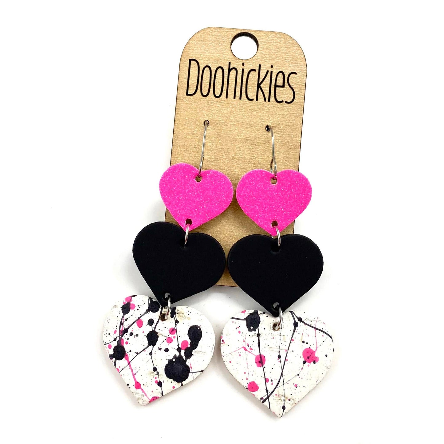 3.5" Paint Splatter Mix it up Waterfall Hearts Valentines Earrings