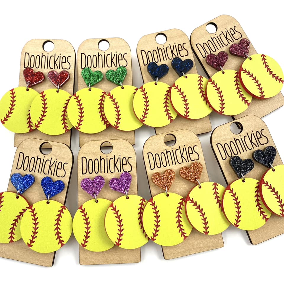 1.9" Custom I Heart Softball Dangles - Sports Earrings