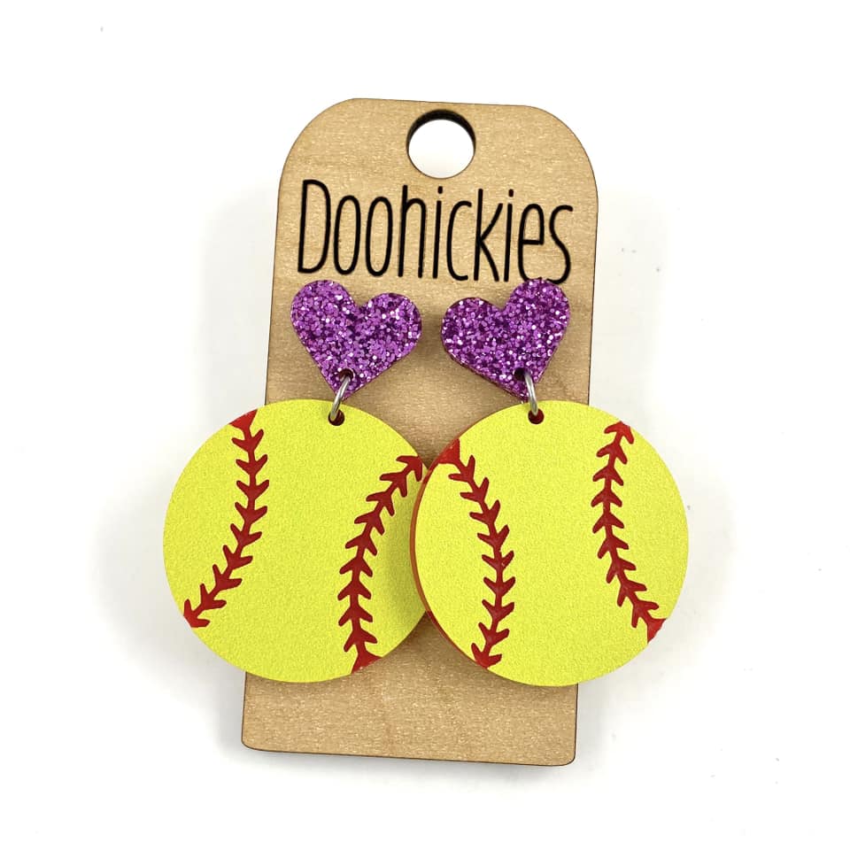 1.9" Custom I Heart Softball Dangles - Sports Earrings