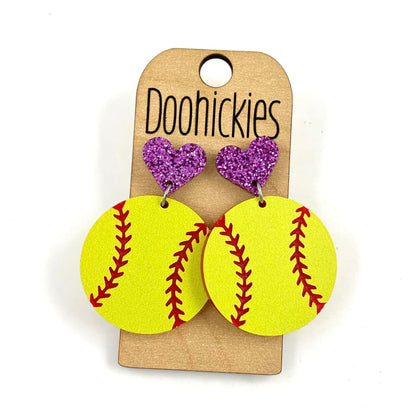 1.9" Custom I Heart Softball Dangles - Sports Earrings