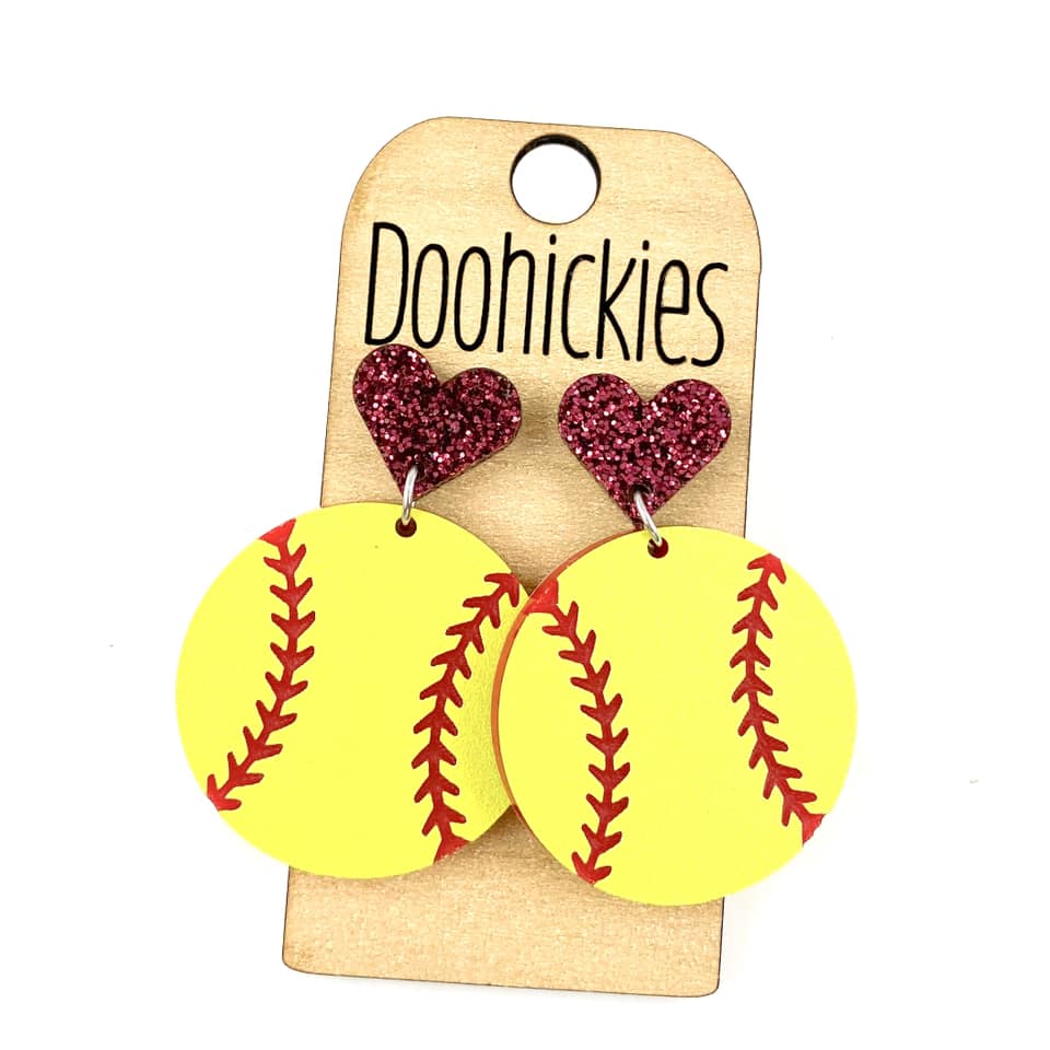 1.9" Custom I Heart Softball Dangles - Sports Earrings