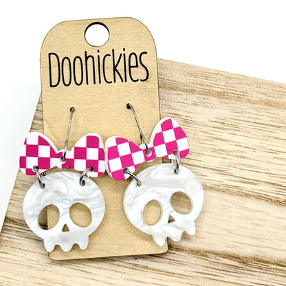 Checkered Bow Skull Dangle Collection - Halloween Earrings
