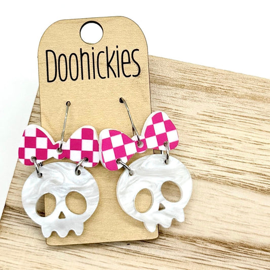 Checkered Bow Skull Dangle Collection - Halloween Earrings