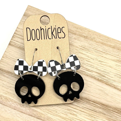 Checkered Bow Skull Dangle Collection - Halloween Earrings