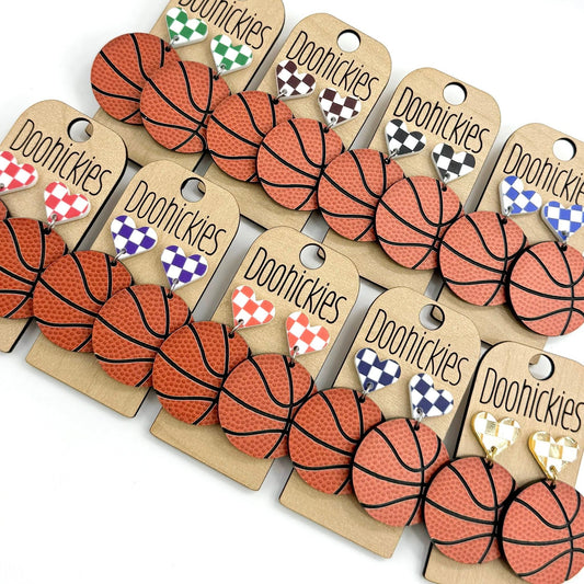 Checkered I Heart Basketball Dangles Sports Earrings