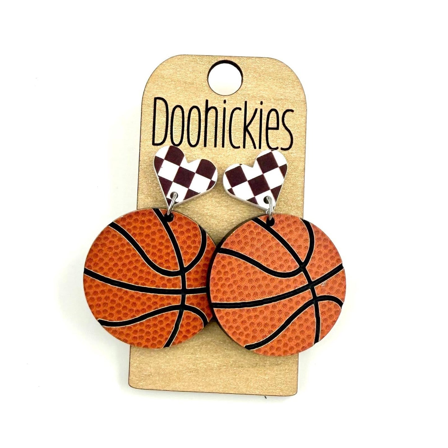 Checkered I Heart Basketball Dangles Sports Earrings