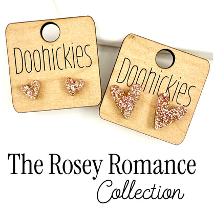 The Rosey Romance Rose Gold Glitter Heart Stud Earring Collection - 2 Size Options