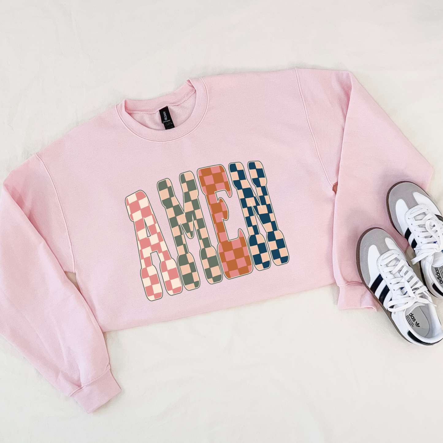 AMEN | Pink Checkered Faith Sweatshirt | Gildan