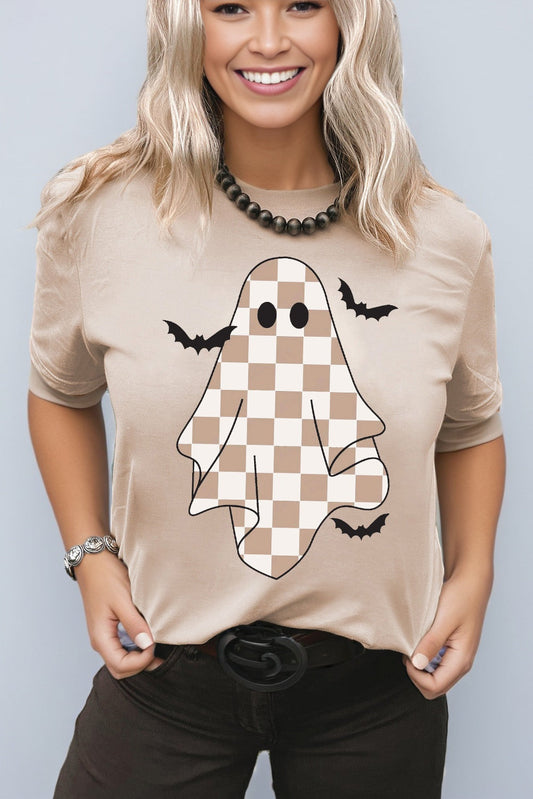 Checkered Ghost & Bats Halloween Graphic Tee
