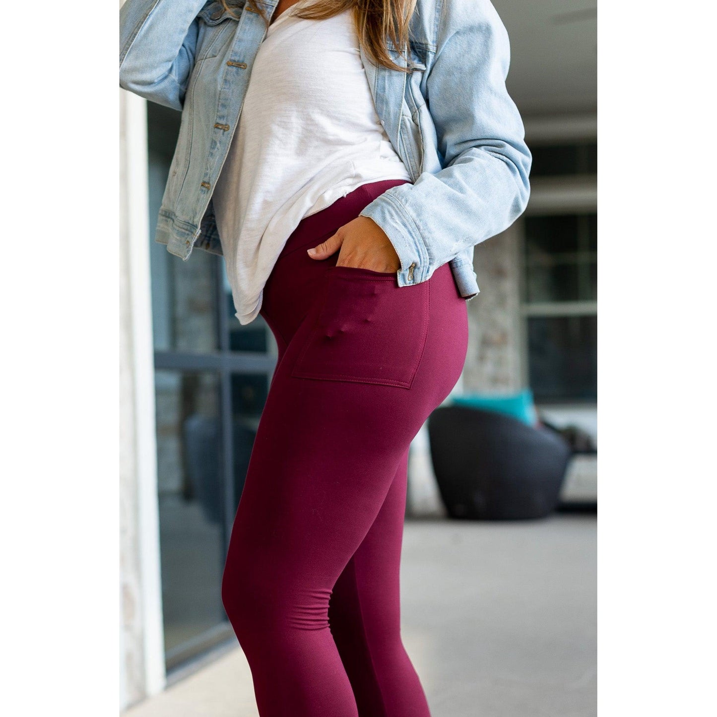 Buttery soft maroon leggings for women - High waist maroon leggings with side pockets