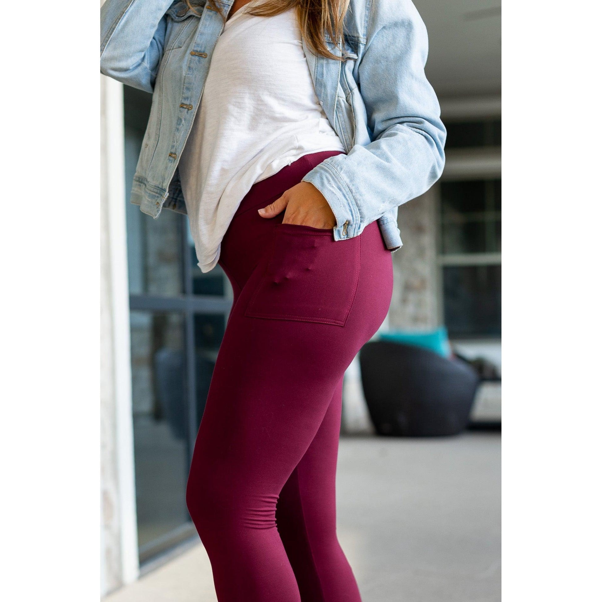 Buttery soft maroon leggings for women - High waist maroon leggings with side pockets