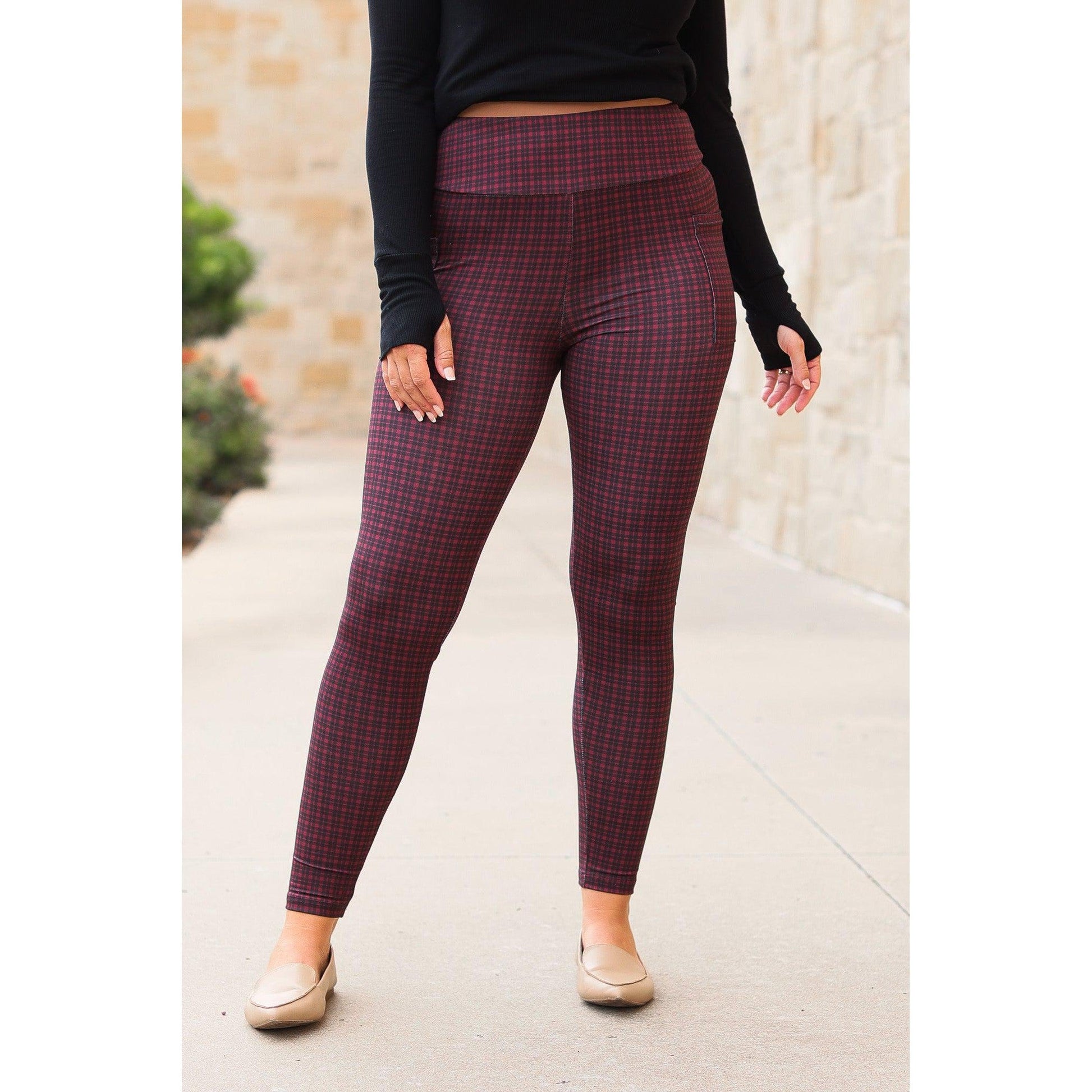 Julia Rose Wren Plaid Leggings with pockets and high waistband. Buttery soft plaid leggings for women by Julia Rose.