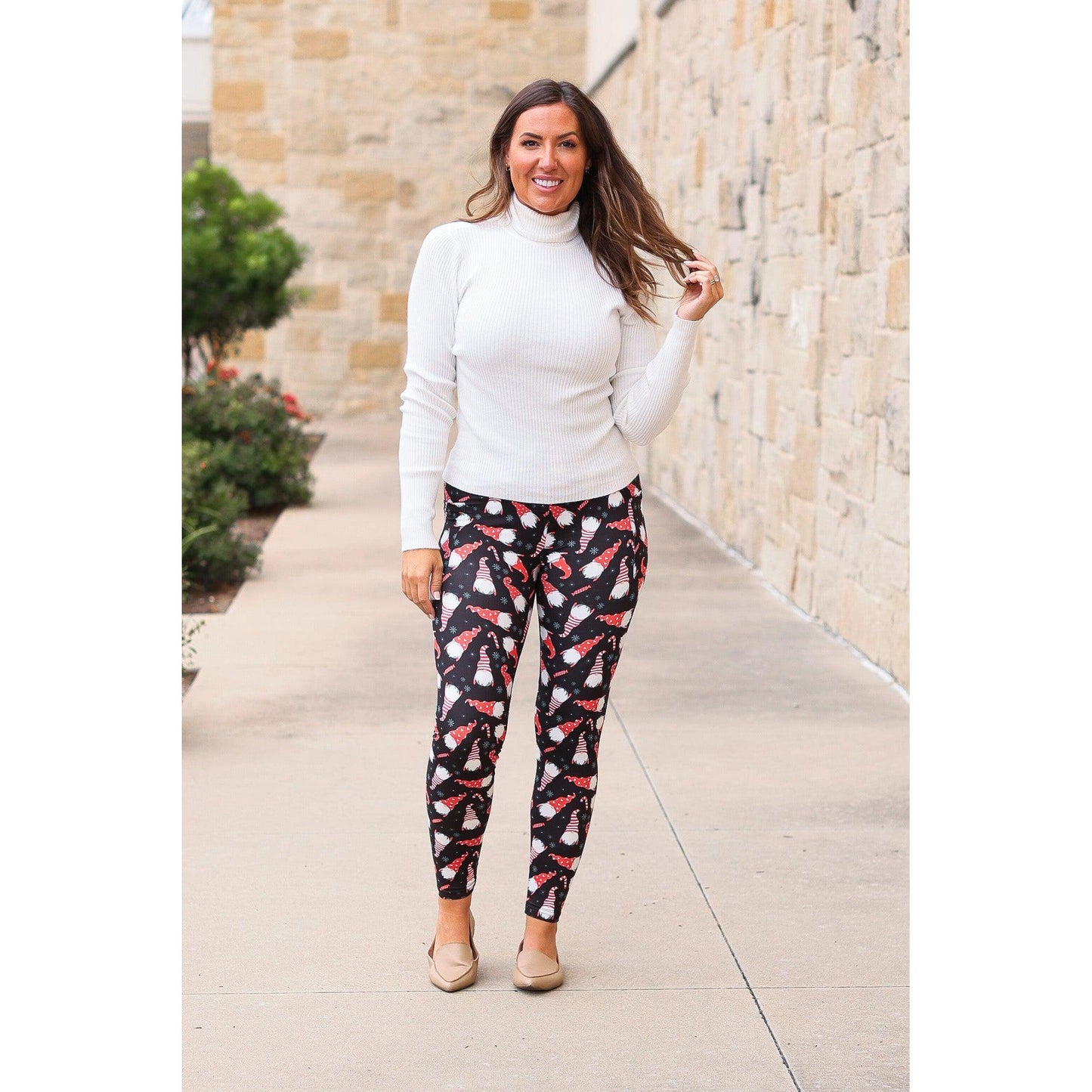 High-waisted buttery soft holiday leggings by Julia Rose Close-up of gnome print detail on Julia Rose holiday leggings