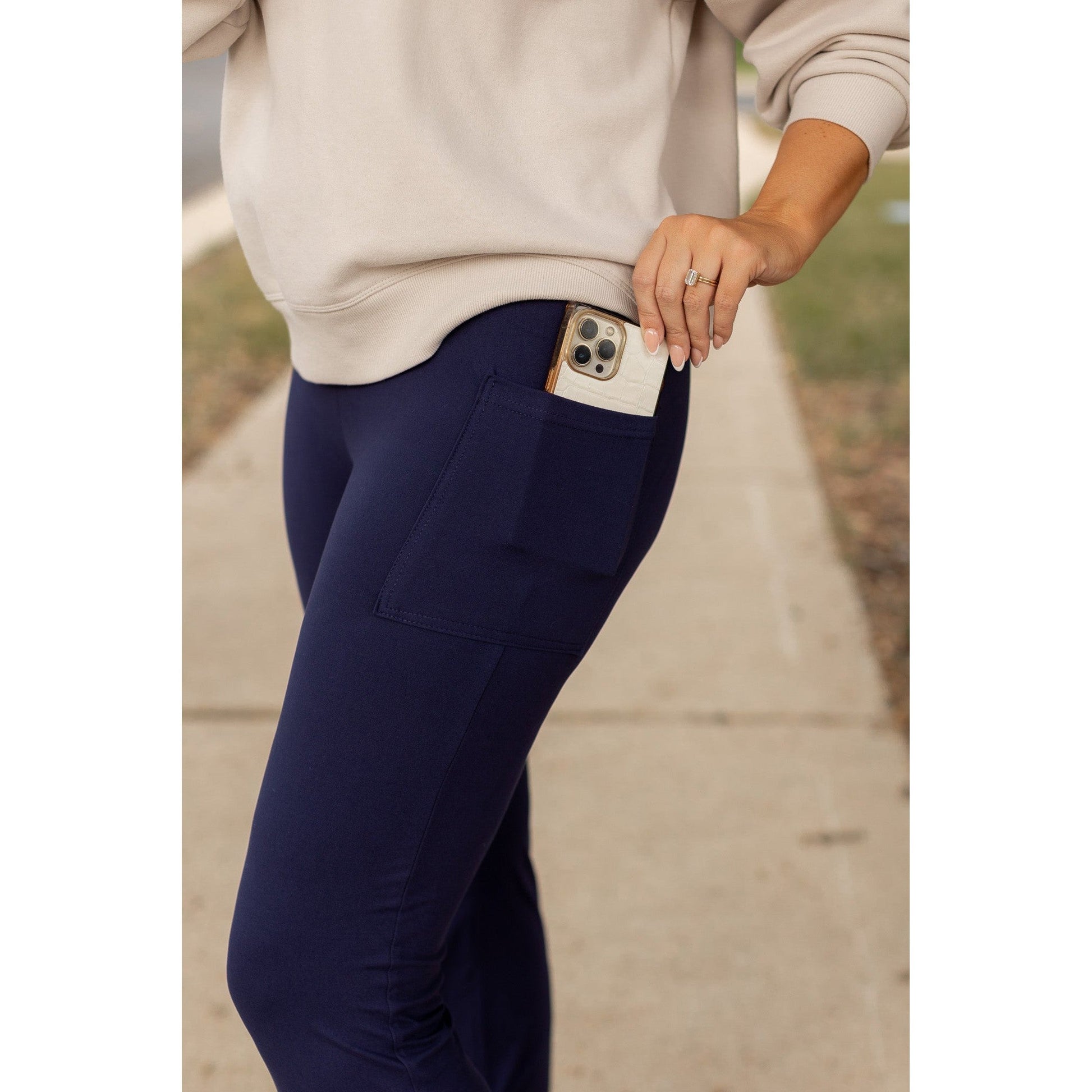 Full length navy bootcut leggings with side pockets Flattering women’s bootcut leggings in navy blue by Julia Rose