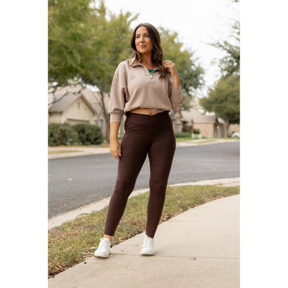 High waist brown crossover leggings for women. Buttery soft brown leggings with flattering waistband