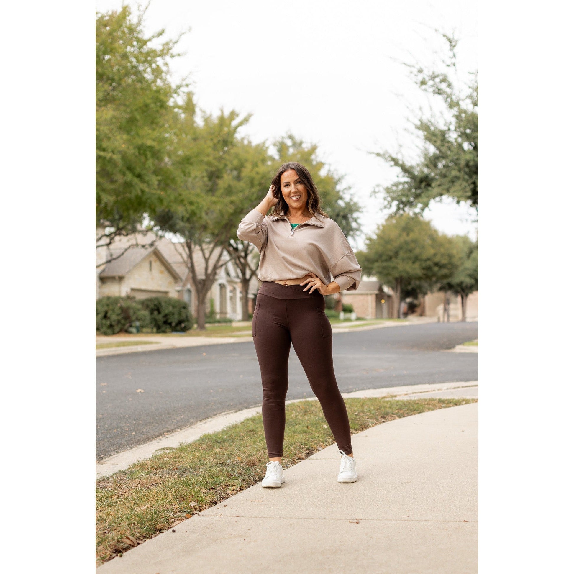 High waist brown crossover leggings for women. Buttery soft brown leggings with flattering waistband
