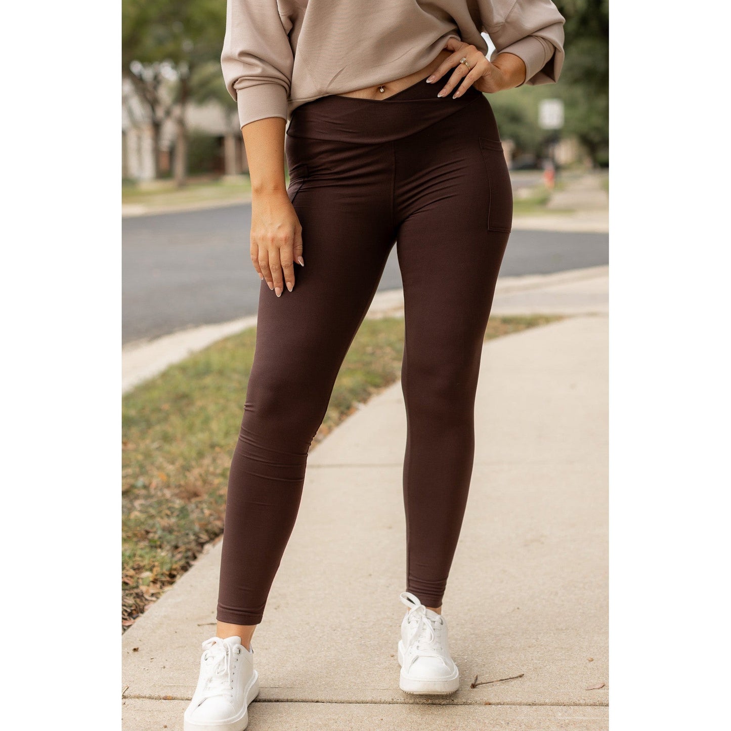 High waist brown crossover leggings for women. Buttery soft brown leggings with flattering waistband