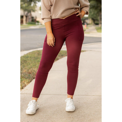Ready to Ship | The Molly - MAROON Crossover Full Length Leggings with Pockets
