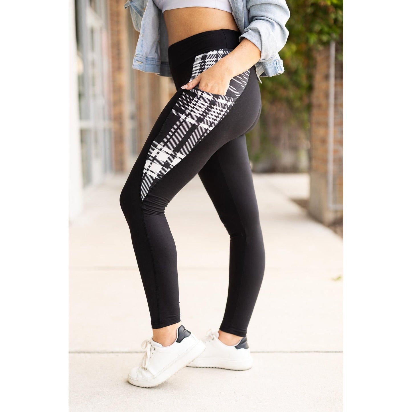 Ready to Ship | The Gabby - Black And White Plaid Panel Leggings
