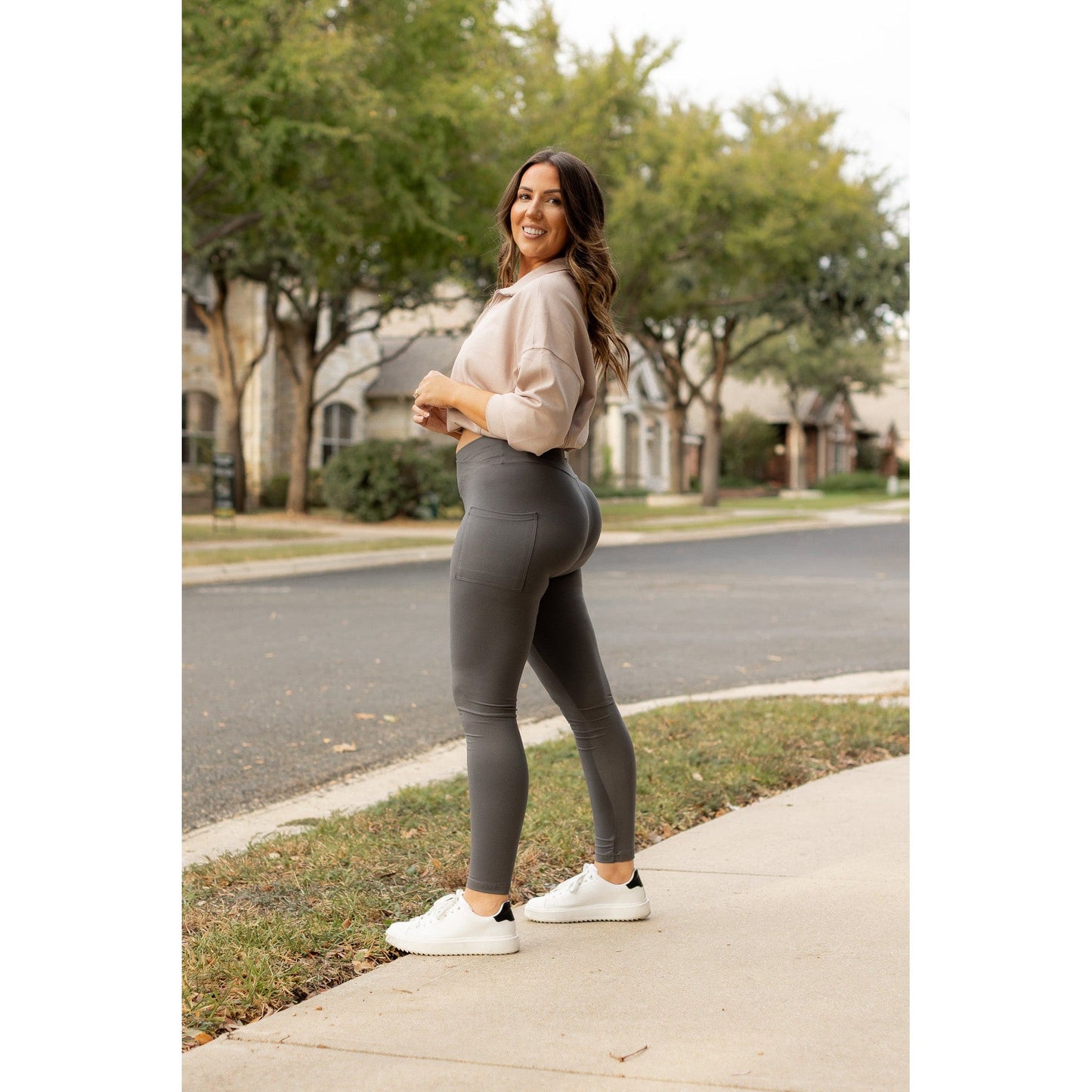 Ready to Ship | The Caitlin - CHARCOAL Crossover Full Length Leggings with Pockets