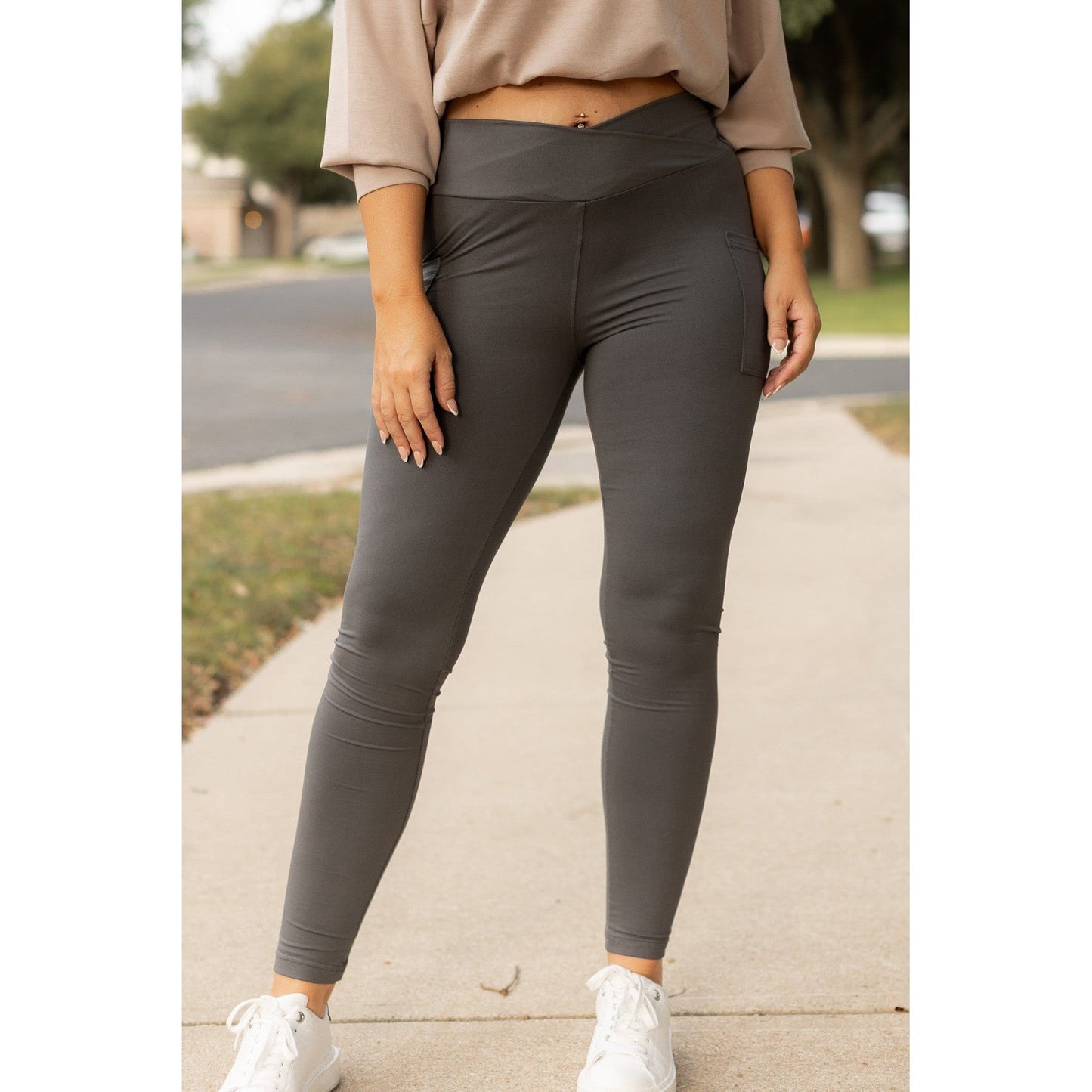 Ready to Ship | The Caitlin - CHARCOAL Crossover Full Length Leggings with Pockets