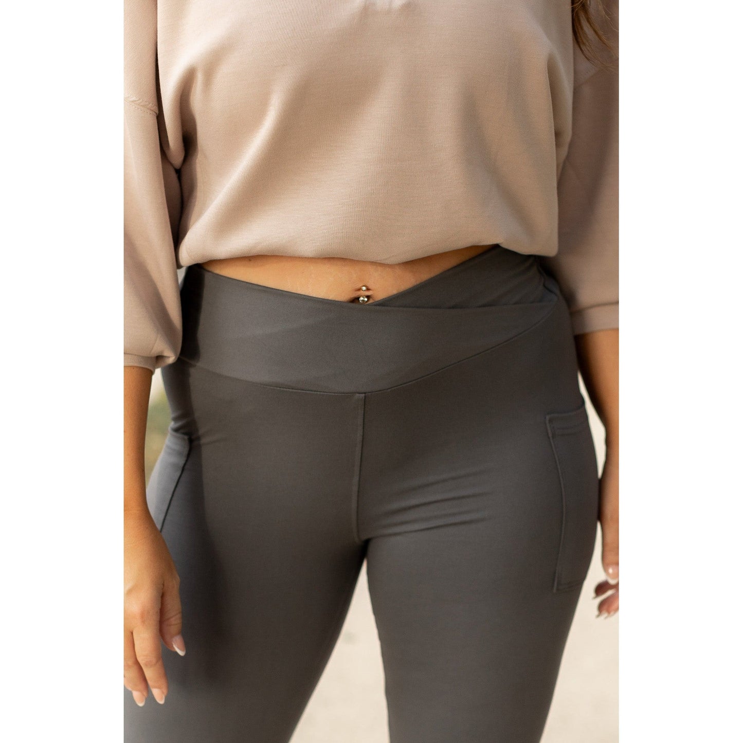 Ready to Ship | The Caitlin - CHARCOAL Crossover Full Length Leggings with Pockets