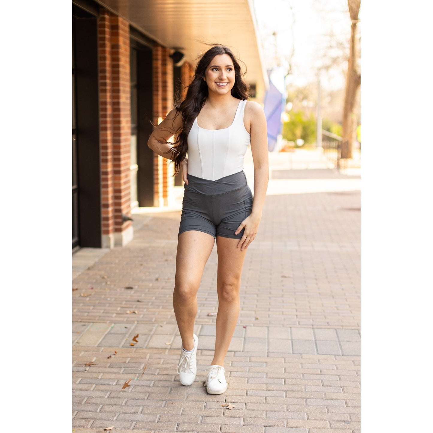 Ready to Ship  | The Caleigh - Charcoal Crossover Biker 5" Shorts r2  - Luxe Leggings by Julia Rose® Round 2