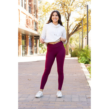 Ready to Ship | The Molly - MAROON Crossover Full Length Leggings with Pockets