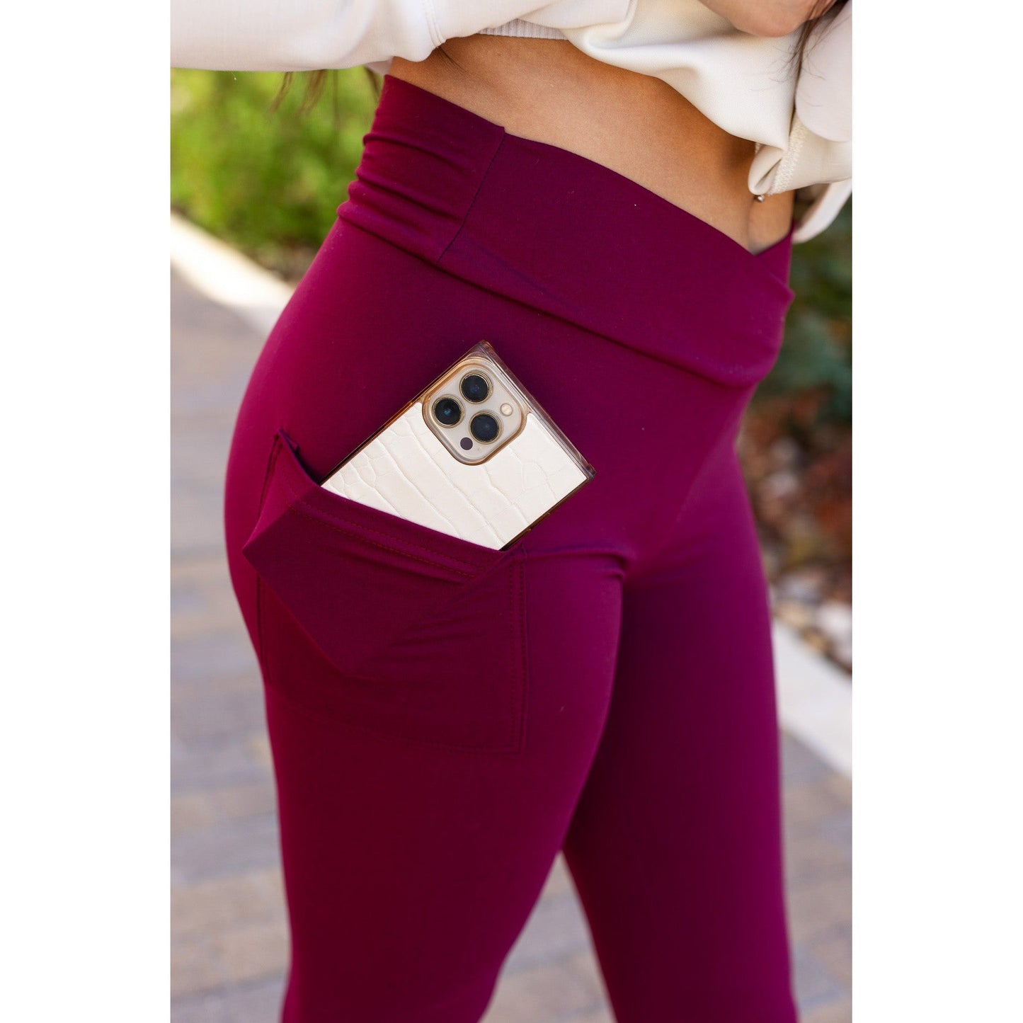 Ready to Ship | The Molly - MAROON Crossover Full Length Leggings with Pockets